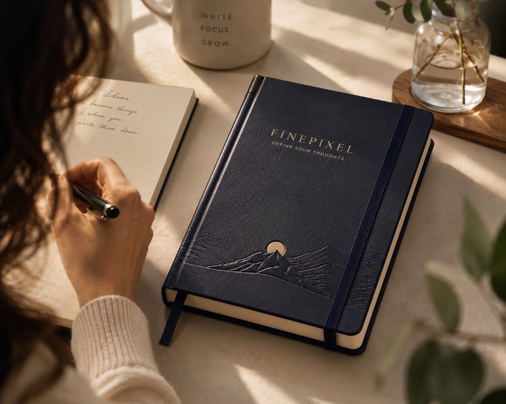 Fine Pixel navy notebook with gold foil branding on a sunlit desk, beside a handwritten journal and a Write Focus Grow mug.